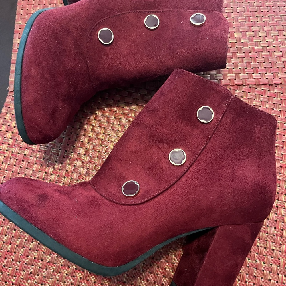 Women's Burgundy Suede Ankle Boots with Decorative Studs